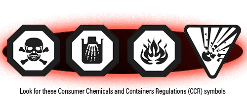 Look for these Consumer Chemicals and Containers Regulations (CCR) symbols