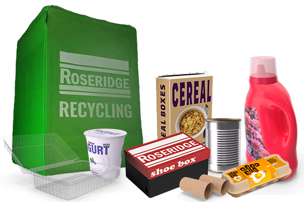 Mixed recycling items and a Roseridge recycling tote bag